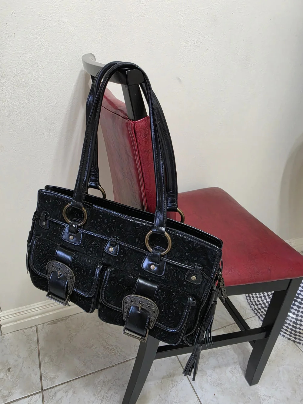 Black Embossed Leather Shoulder Bag with Buckle Pockets